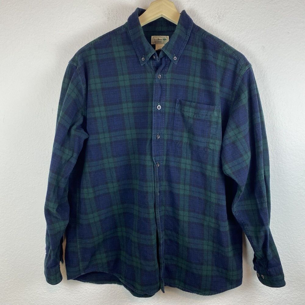 LL Bean Men's XLarge Flannel shirt 100% Cotton Blue‎ green Plaid Tartan Outdoors